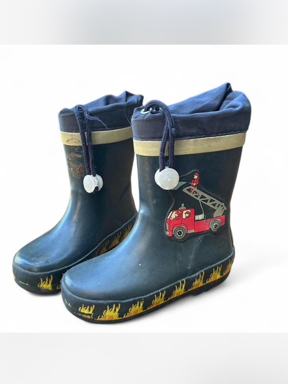 Kids Black Fire Truck Rain Boots with Yellow Flame Trim